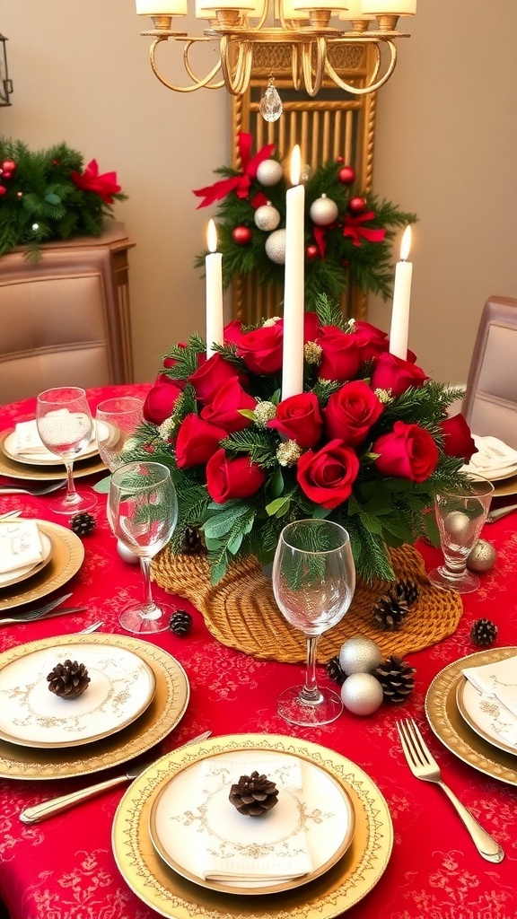 Elegant Christmas Table Settings Guide An elegant Christmas table setting with red and green decor, floral centerpiece, and festive decorations.